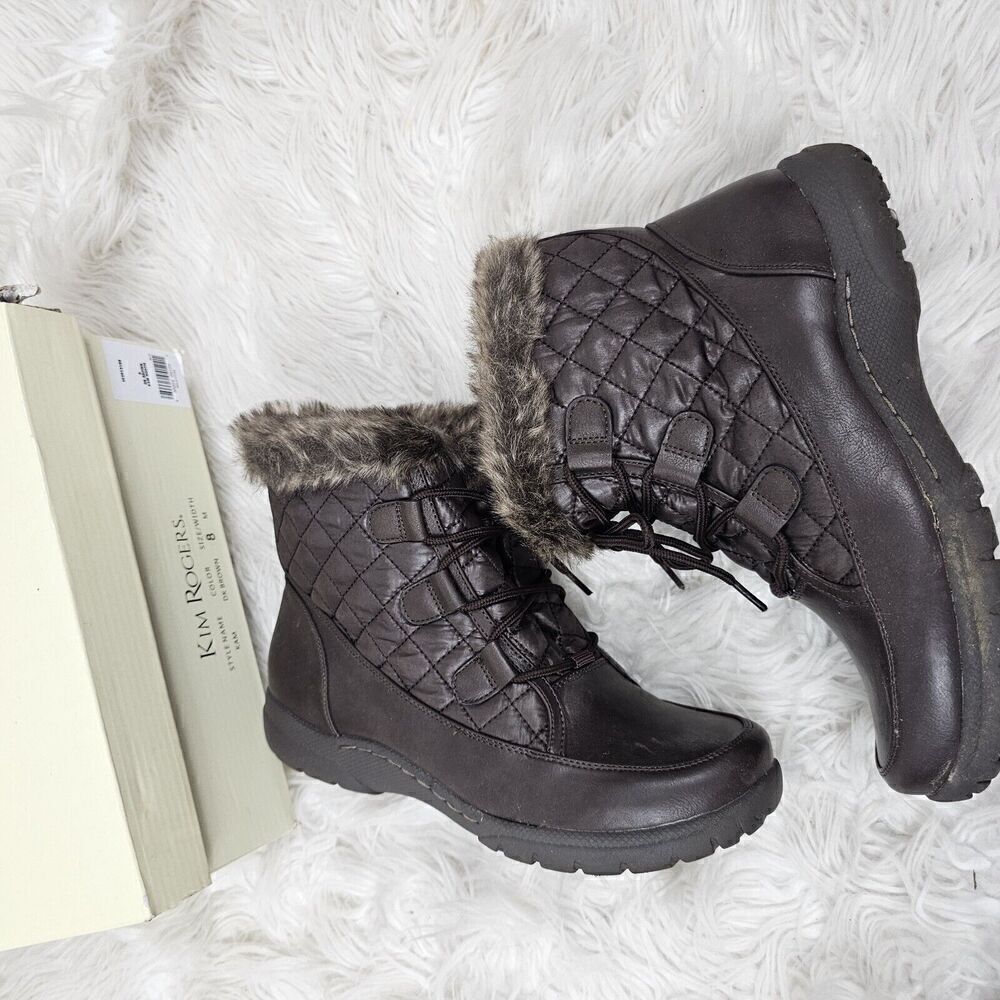 Kim Rogers Kam Quilted Fur Lined Lace Up Ankle Boot Size 8M Dark Brown